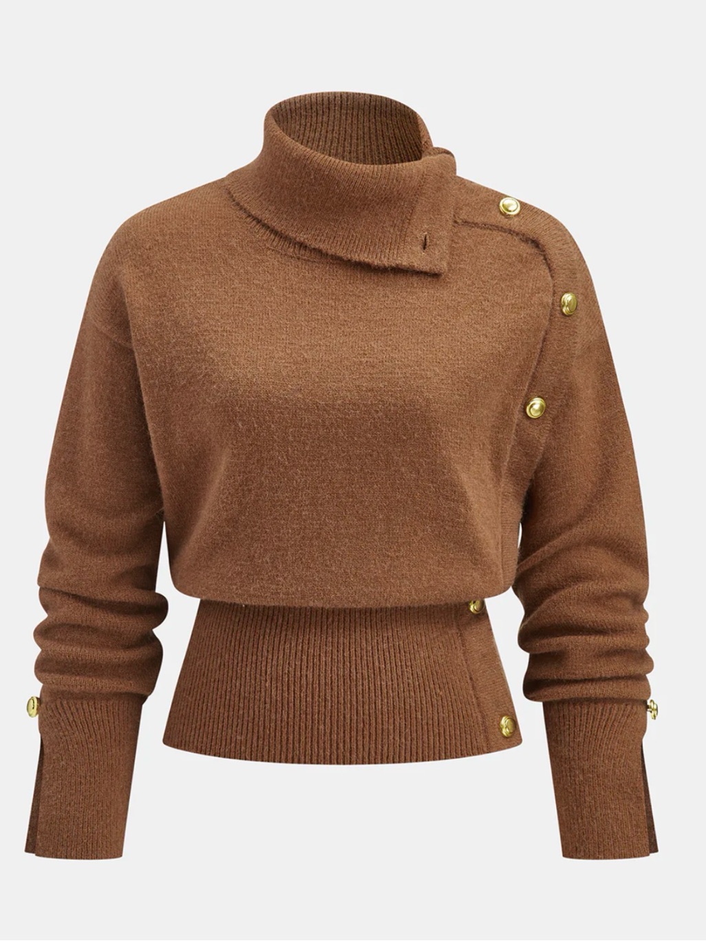 Nwt Commense Brown Button-Shoulder Turtleneck Sweater